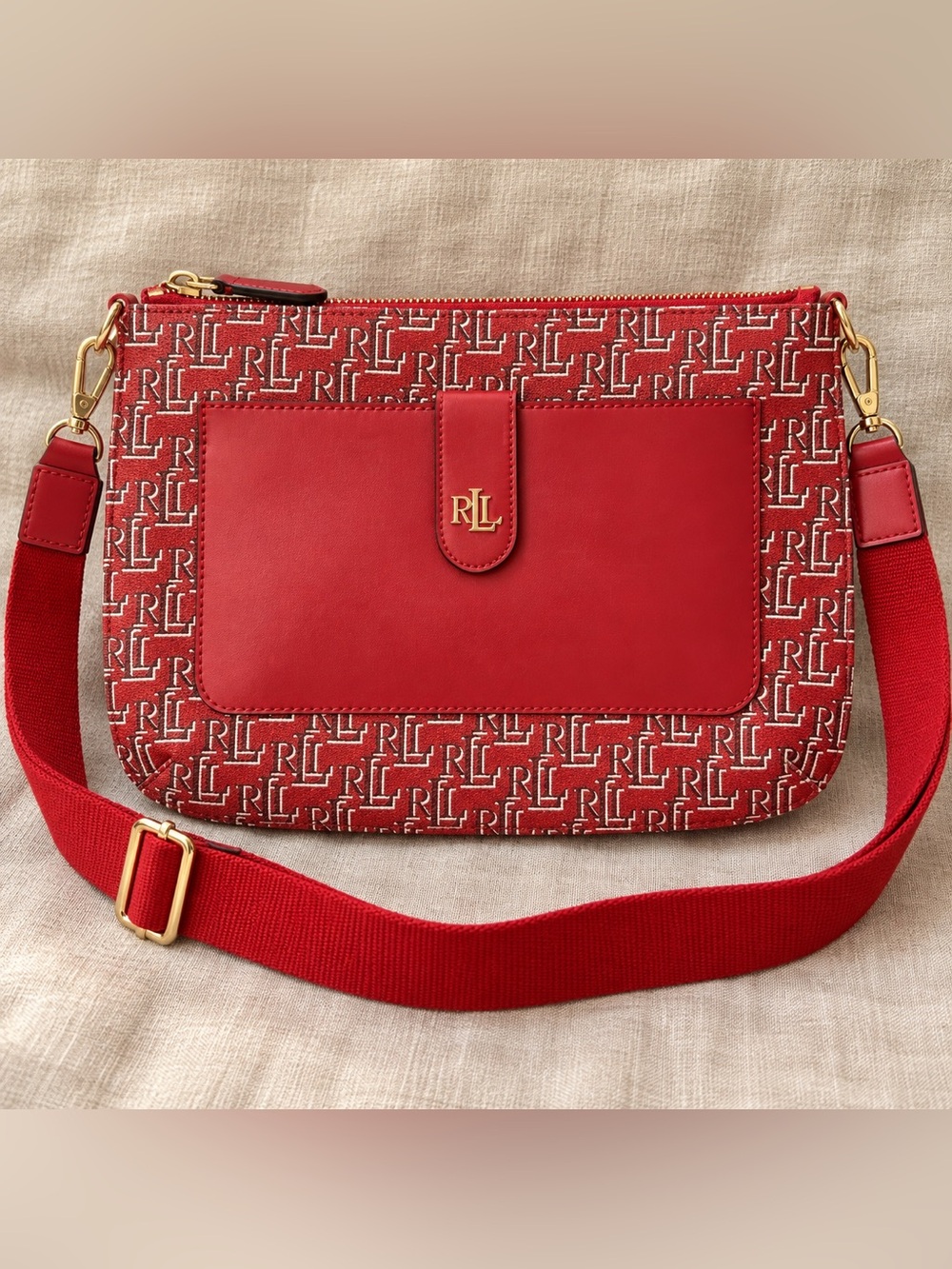 Ralph Lauren Red Monogram Crossbody with Gold Hardware